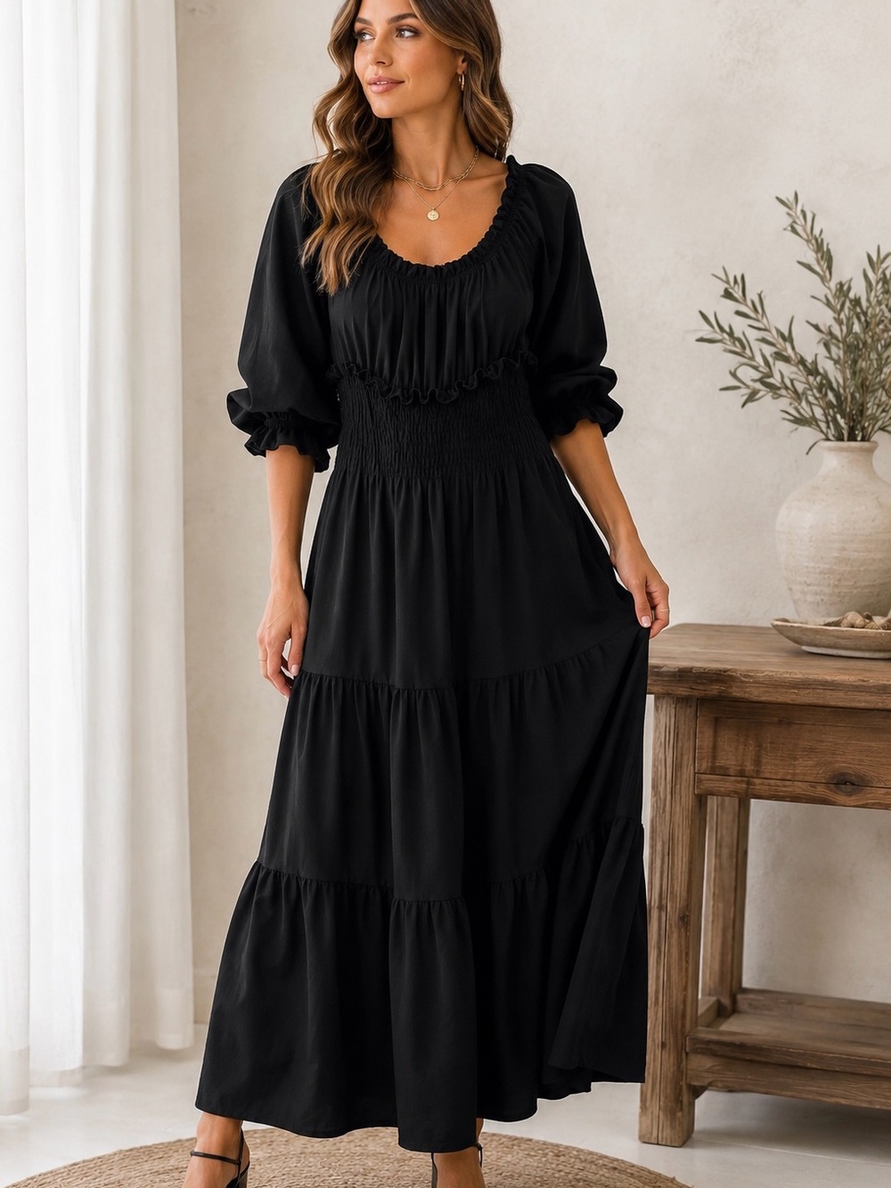 Madison Made in Italy Black Smocked Maxi Dress Puff Sleeve Boho Size L